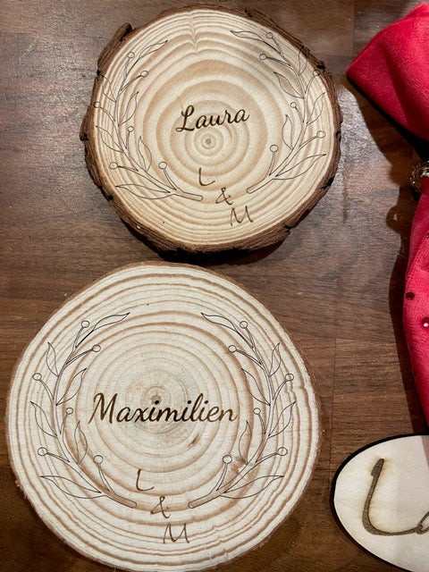 Dessous de verre rondin personnalisé - Premiers tests